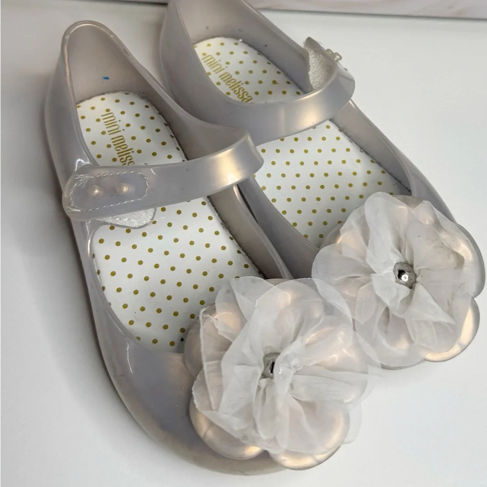 Mini Melissa Silver Mary Jane Jelly Flats Floral Applique Girls Toddler Size 11